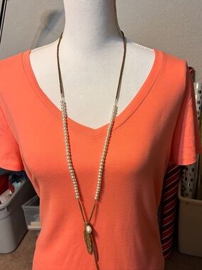 Pearl Bead Long Necklace with Tassel Accent - Coral